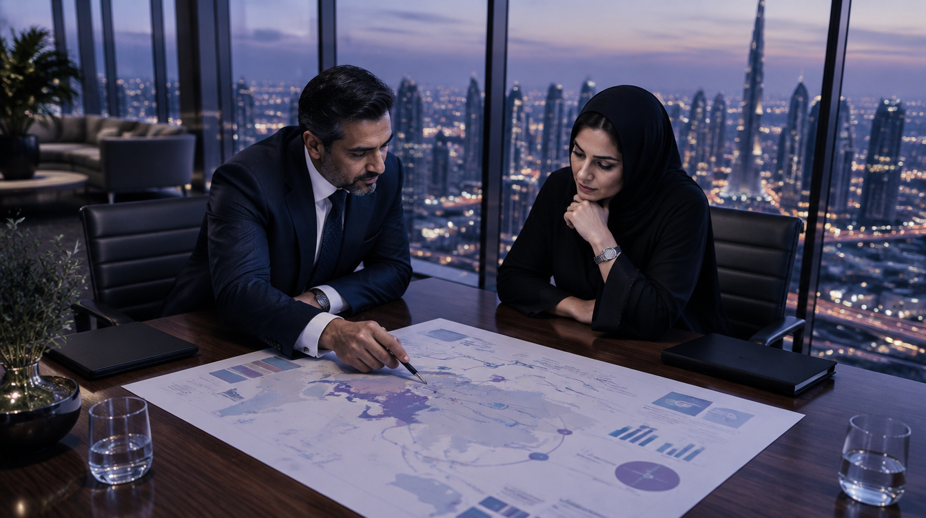 Leaders reviewing a strategy map in a Dubai office