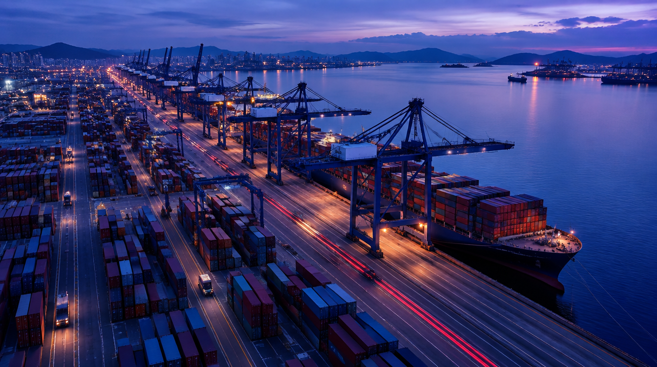 A container port at blue hour