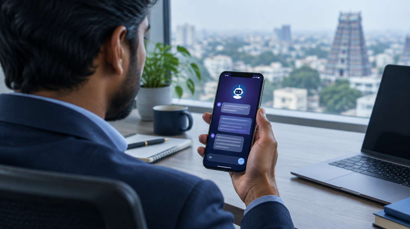 A business owner asking an AI assistant on a phone