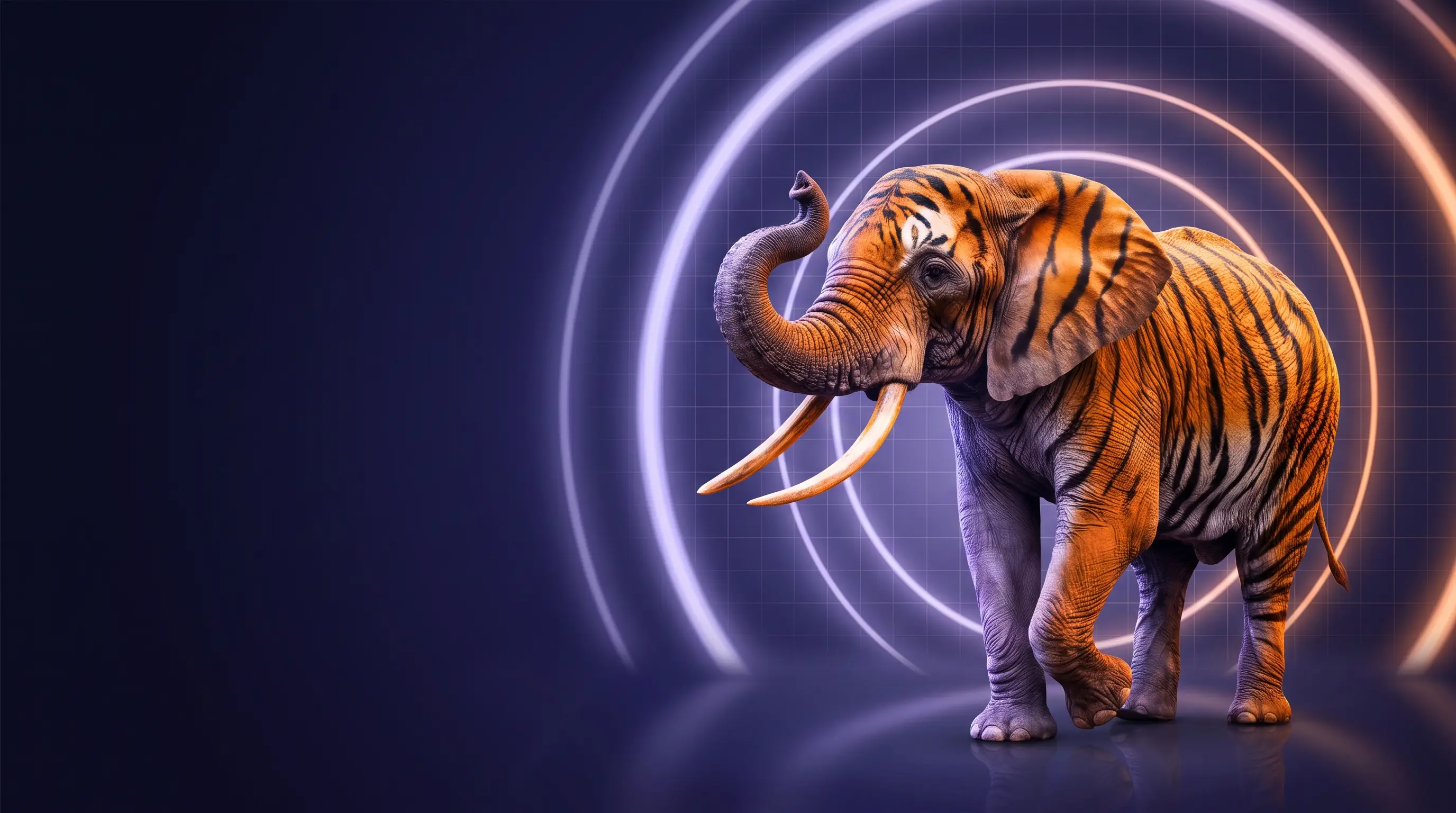 A tiger-striped elephant striding out of indigo light