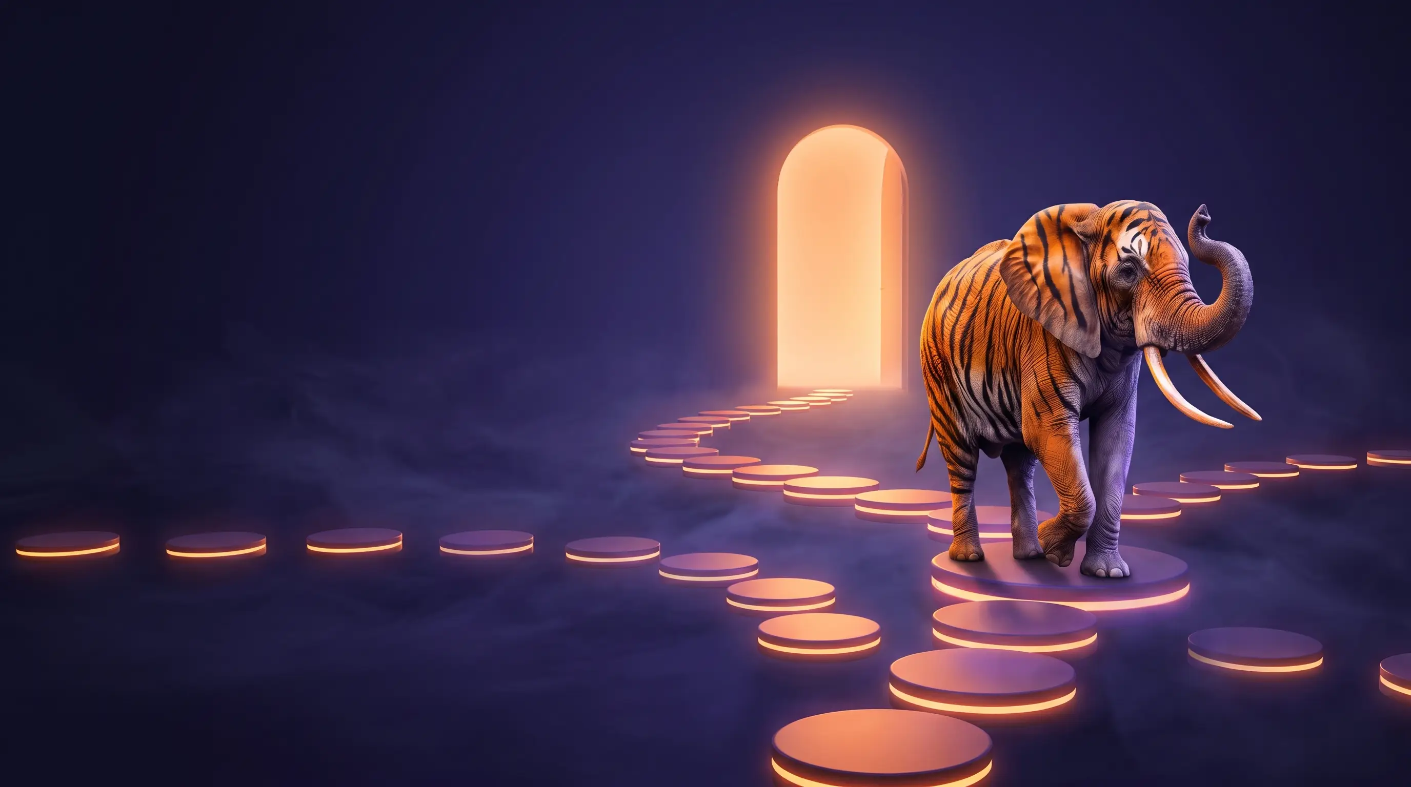 The elephant on a lit path where many paths merge towards one door