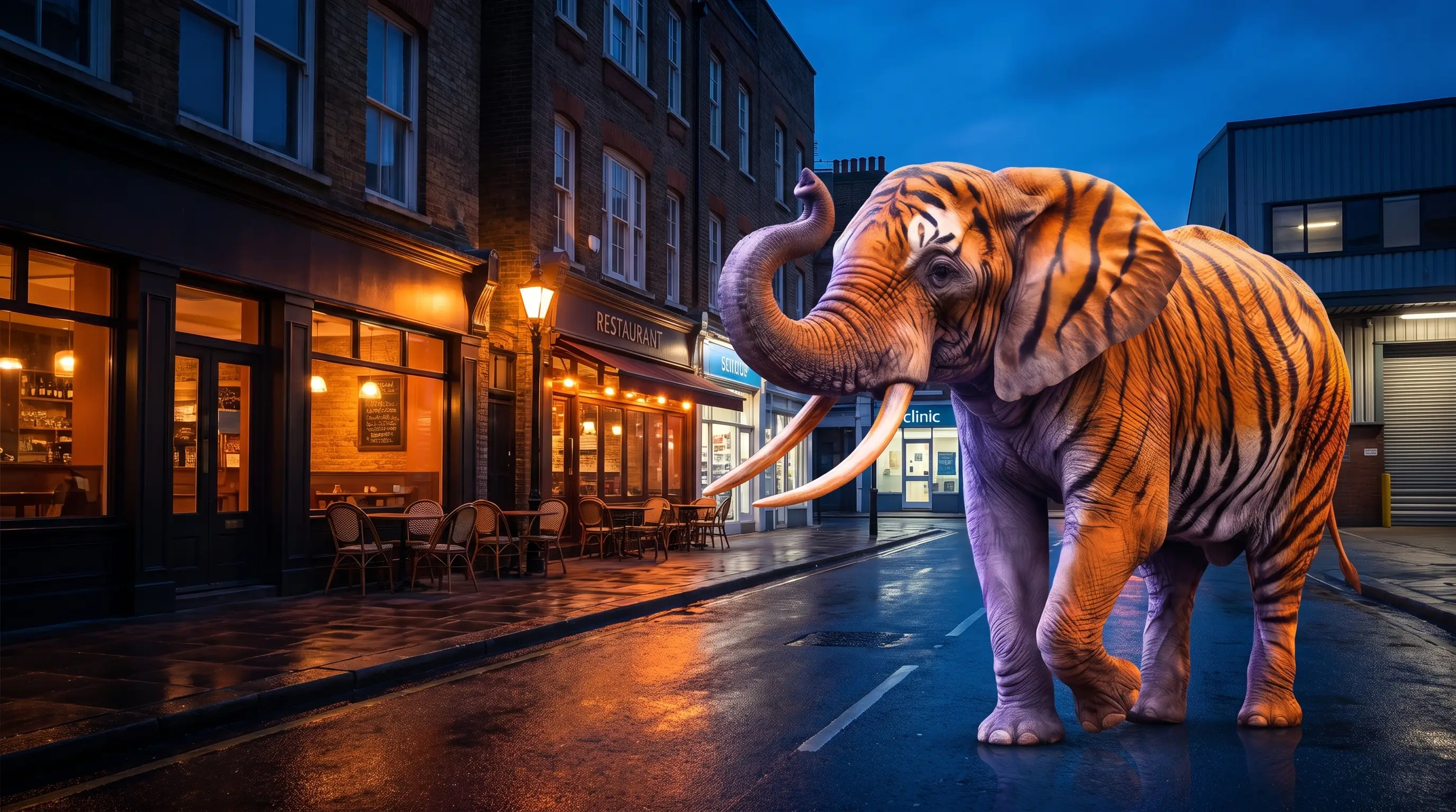 A street of cafés, shops and warehouses at blue hour