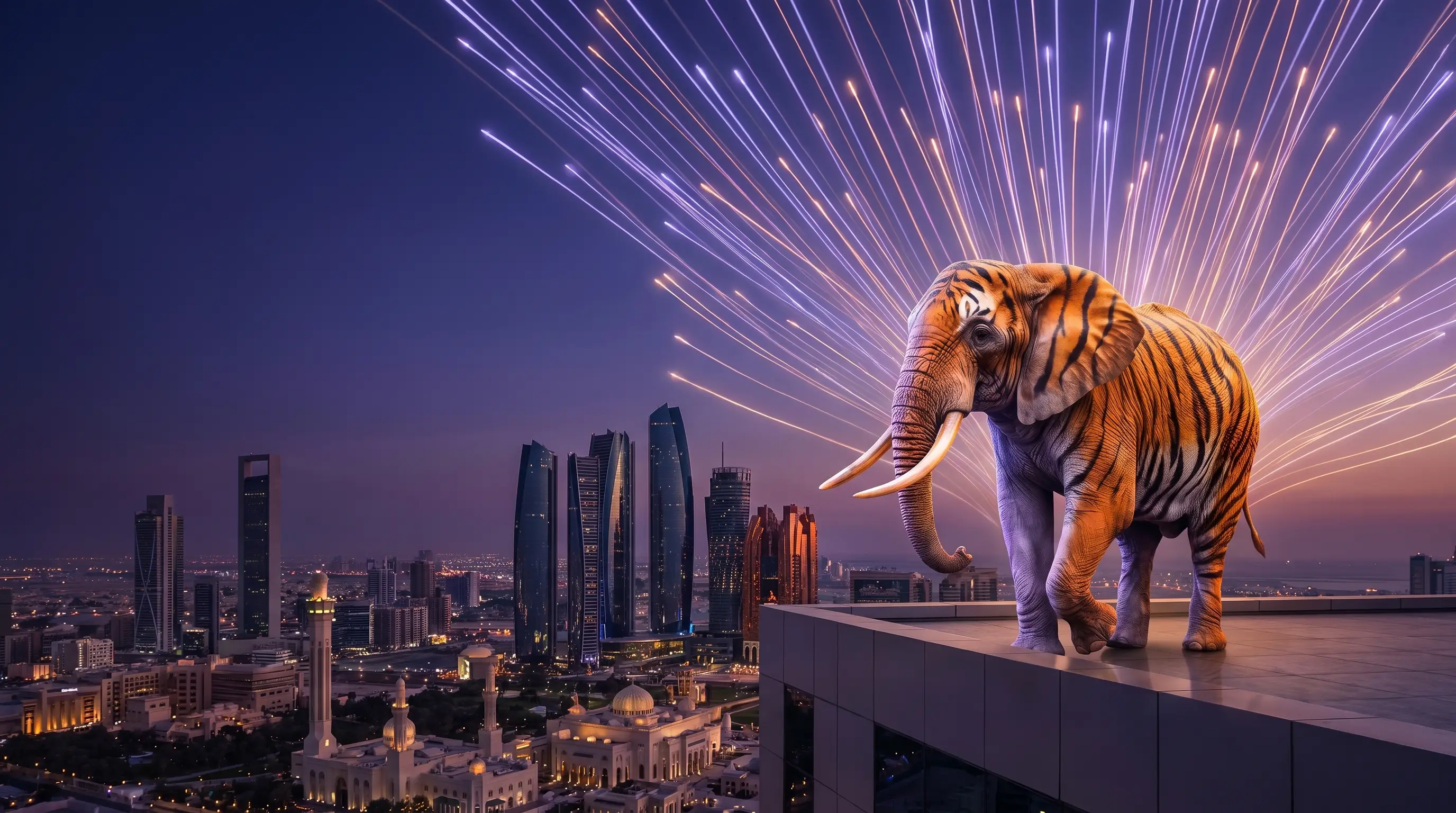 The elephant above a city skyline as searches stream towards it