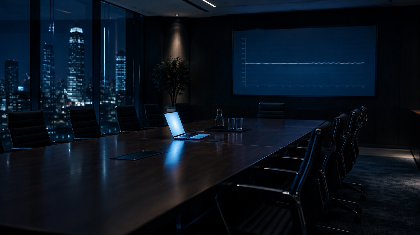Empty boardroom at night with a flat chart on screen