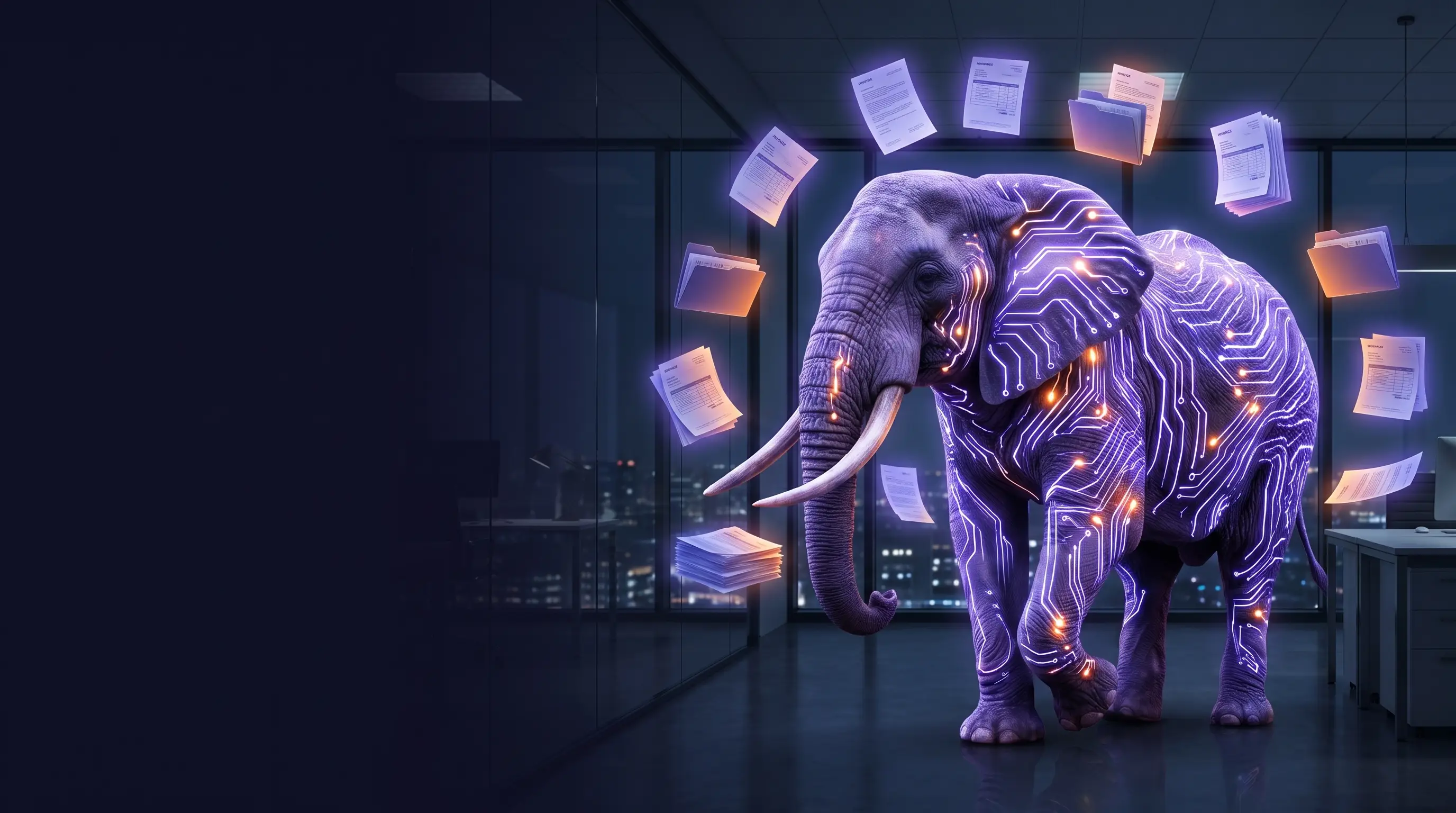 The OZRO elephant with circuit-line stripes as paperwork sorts itself