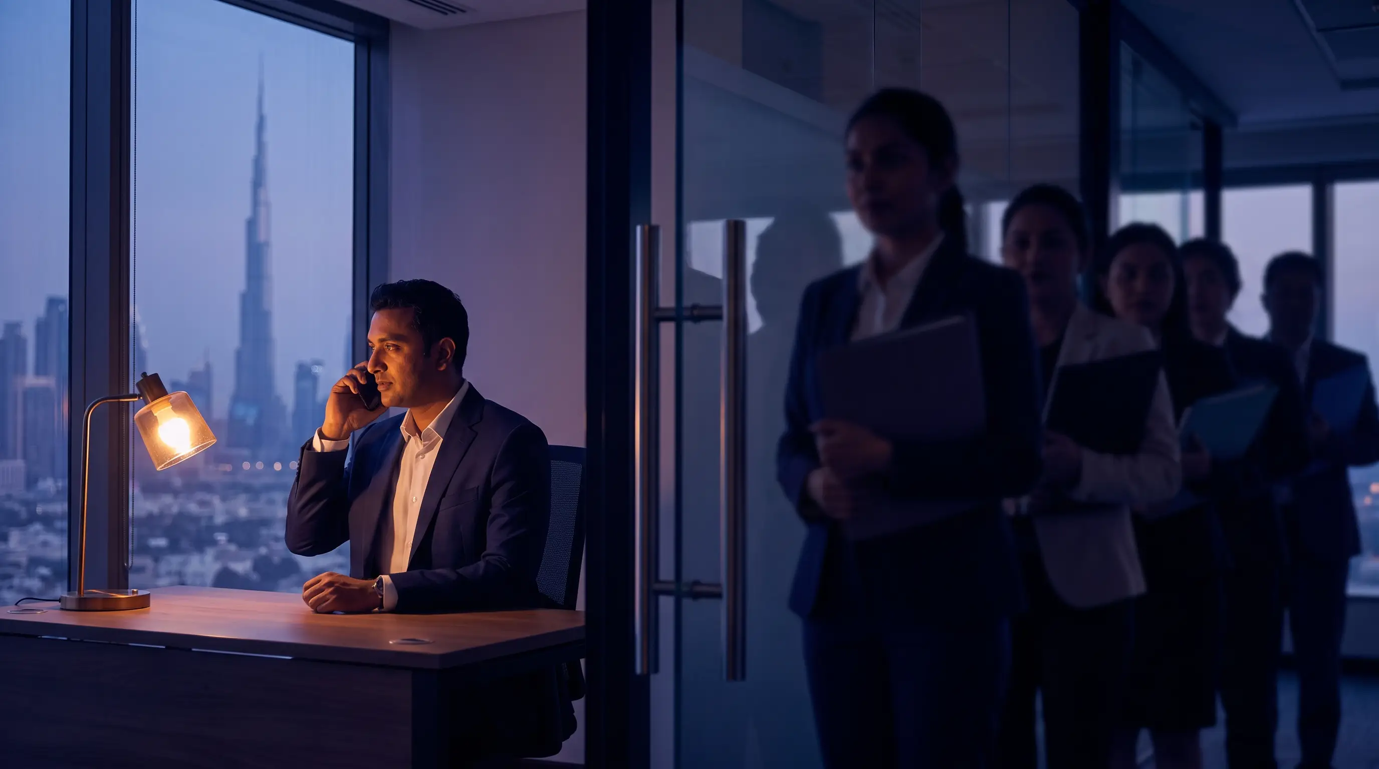 A founder on a call in a Dubai office while colleagues wait outside