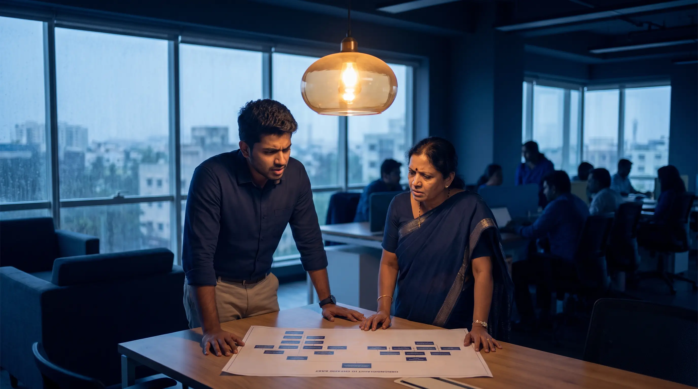 A young professional and a manager reviewing an organisation chart in Chennai