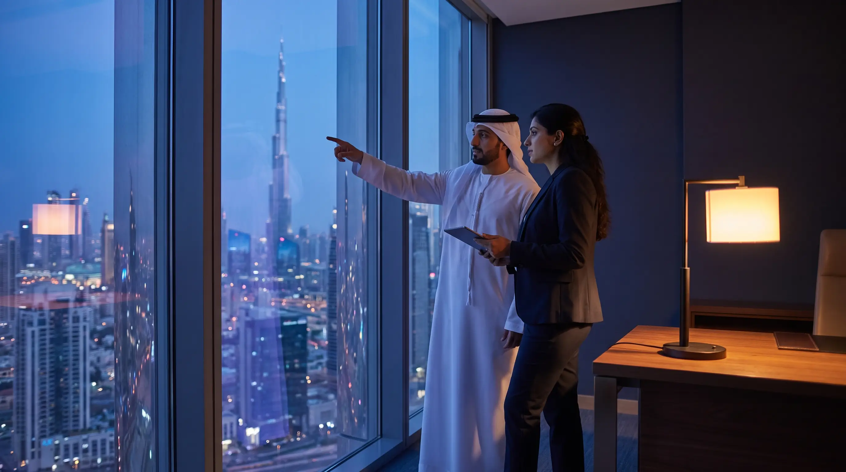 Two leaders looking out over the Dubai skyline at blue hour