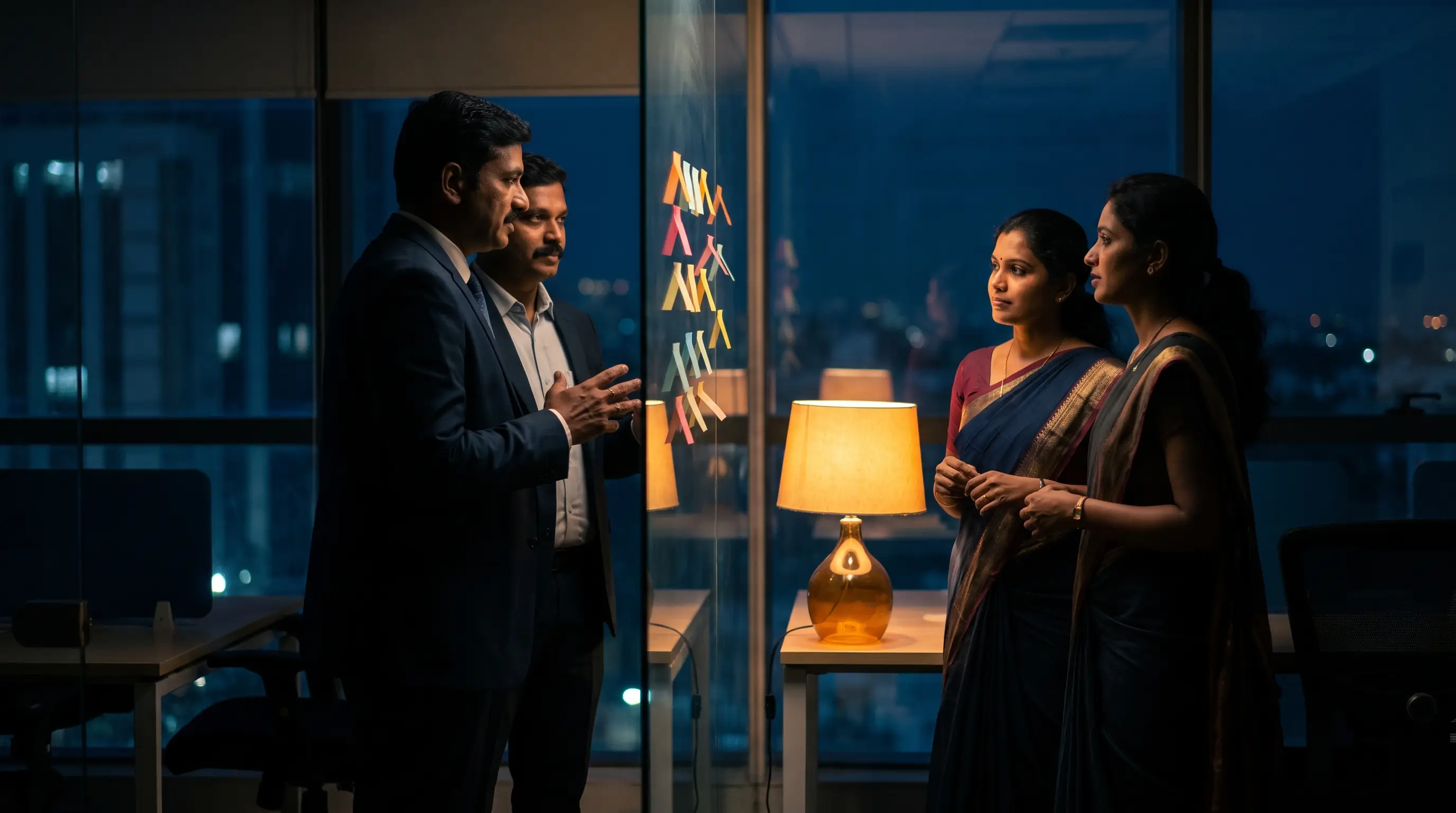 A team mapping a process on a glass wall at night