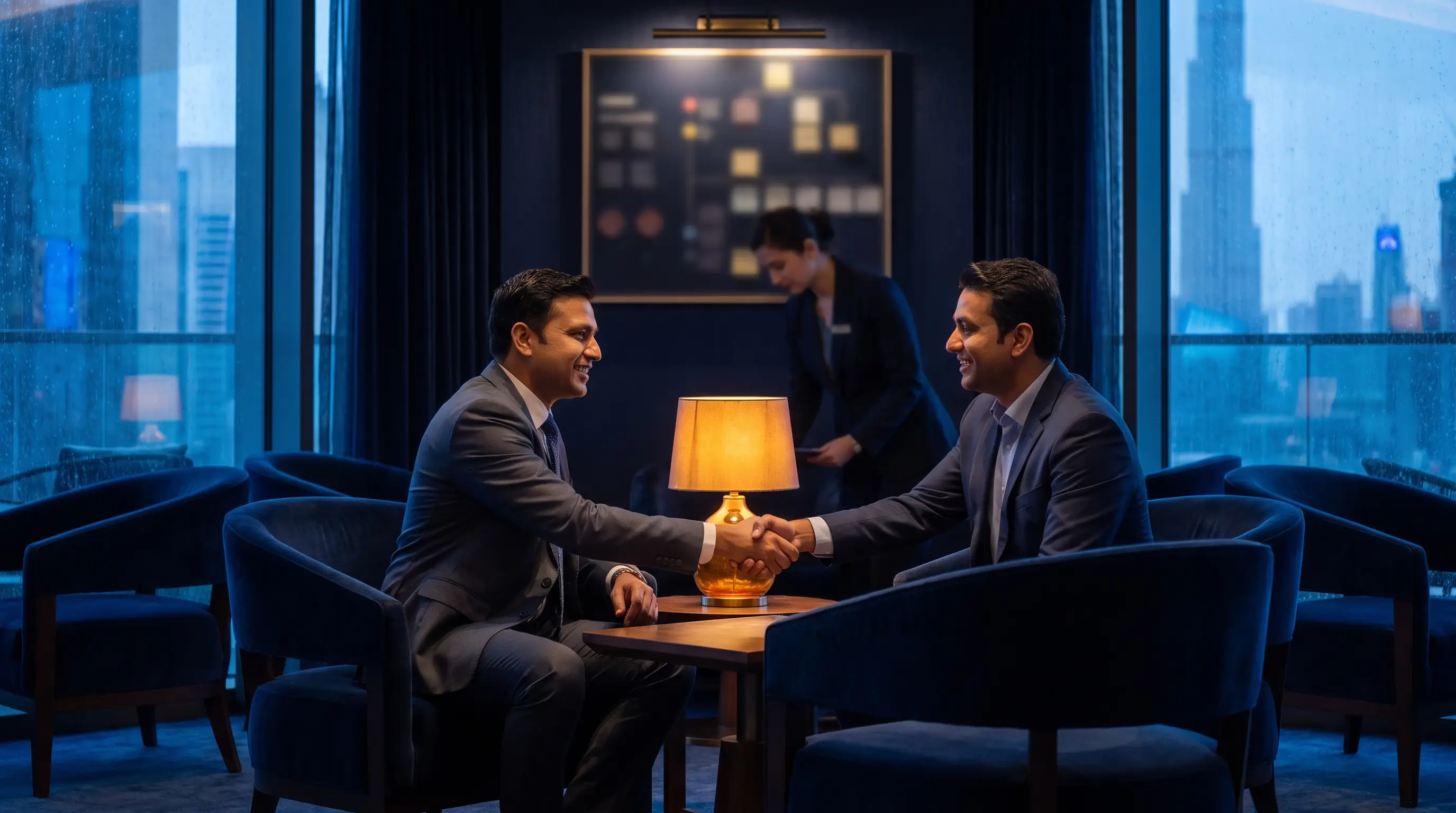 Two professionals shaking hands in a Dubai hotel lounge