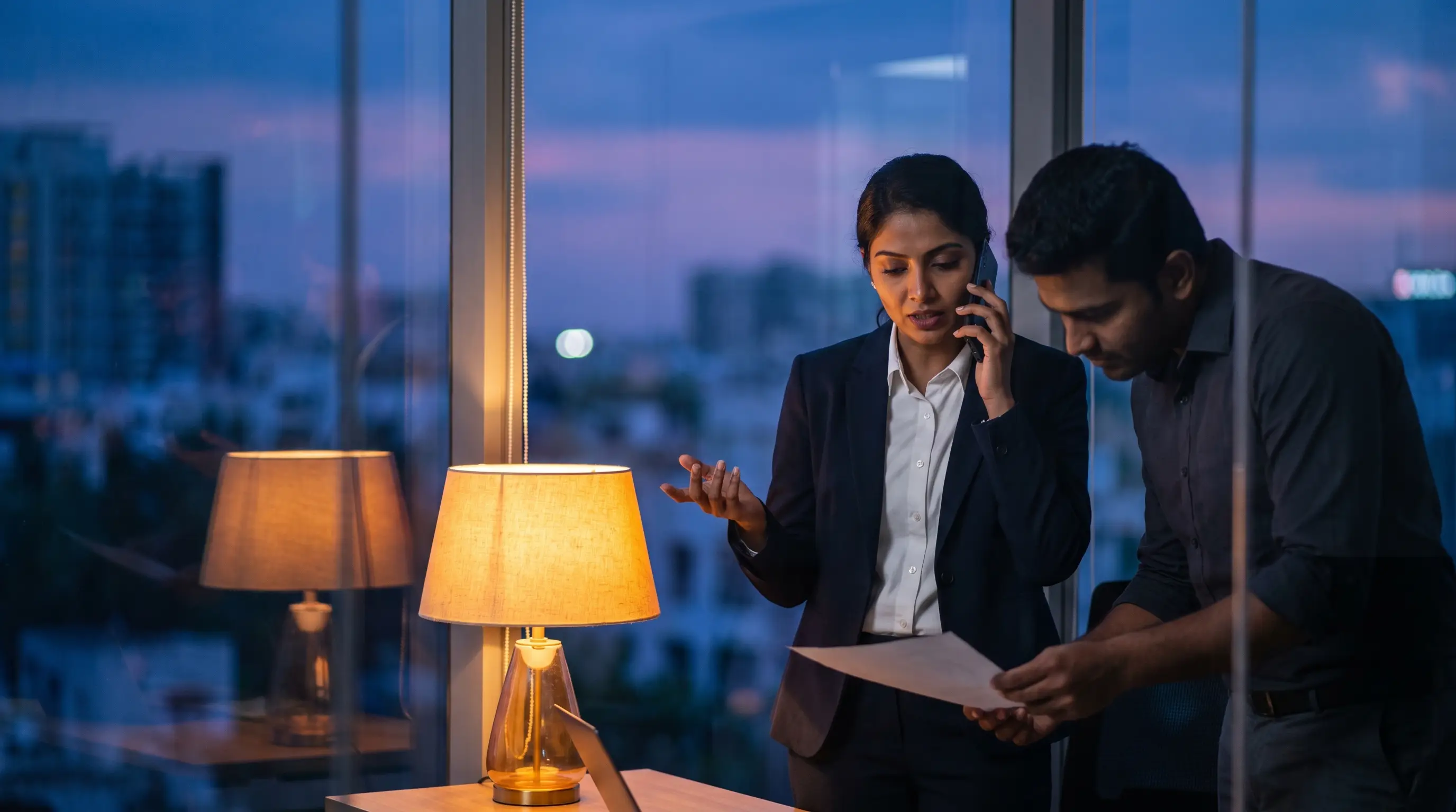 A sales manager replying to a client by phone at dusk