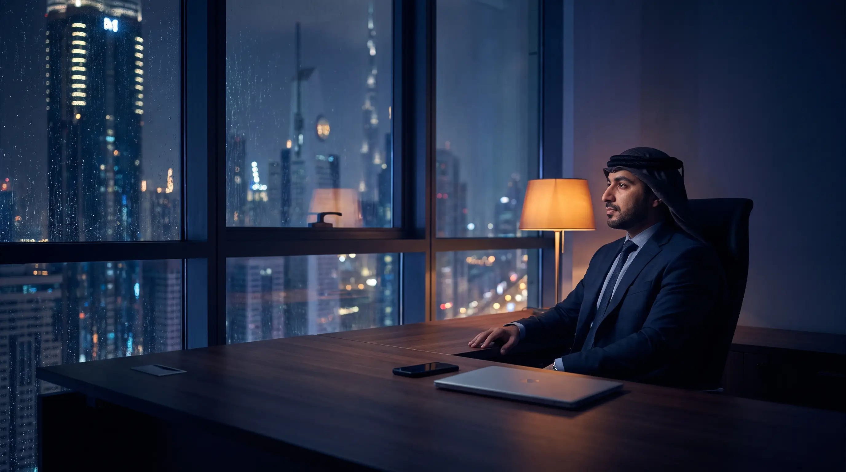 A business owner in a quiet Dubai office at night