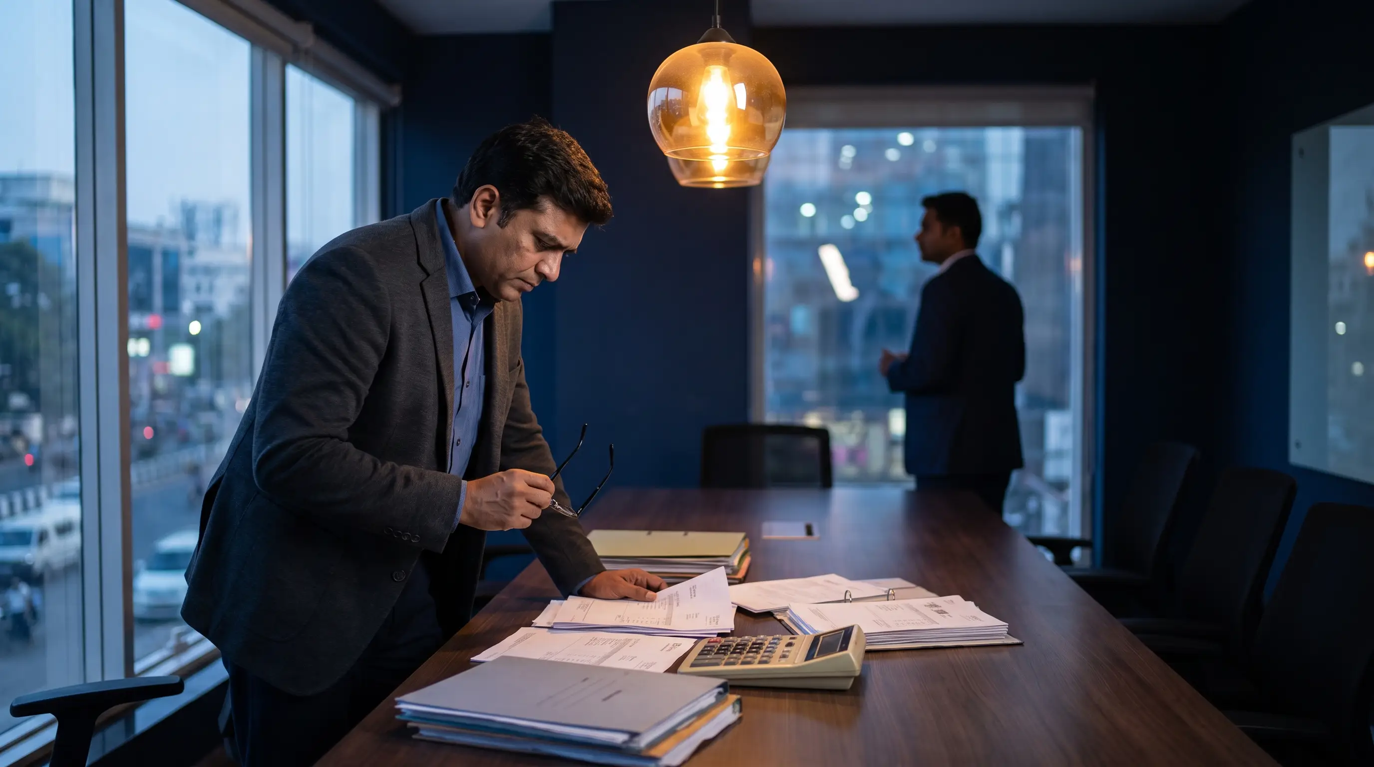 A CFO reviewing invoices at a boardroom table