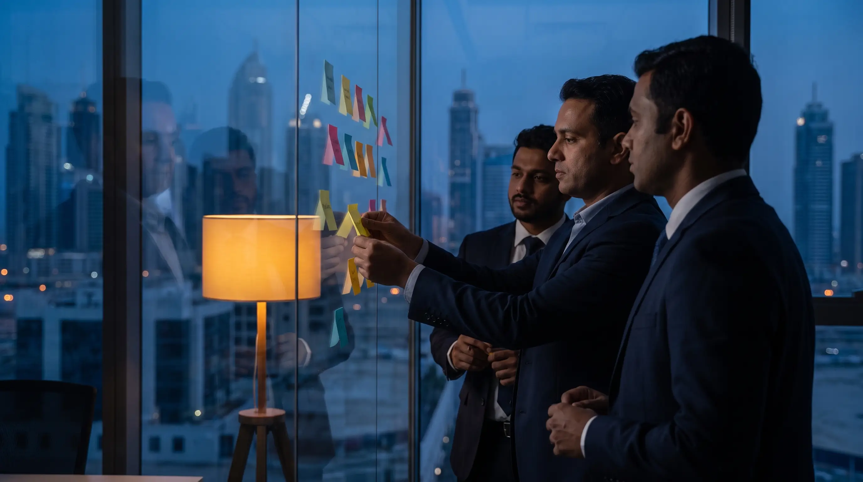 A team removing steps from a process map on a glass wall