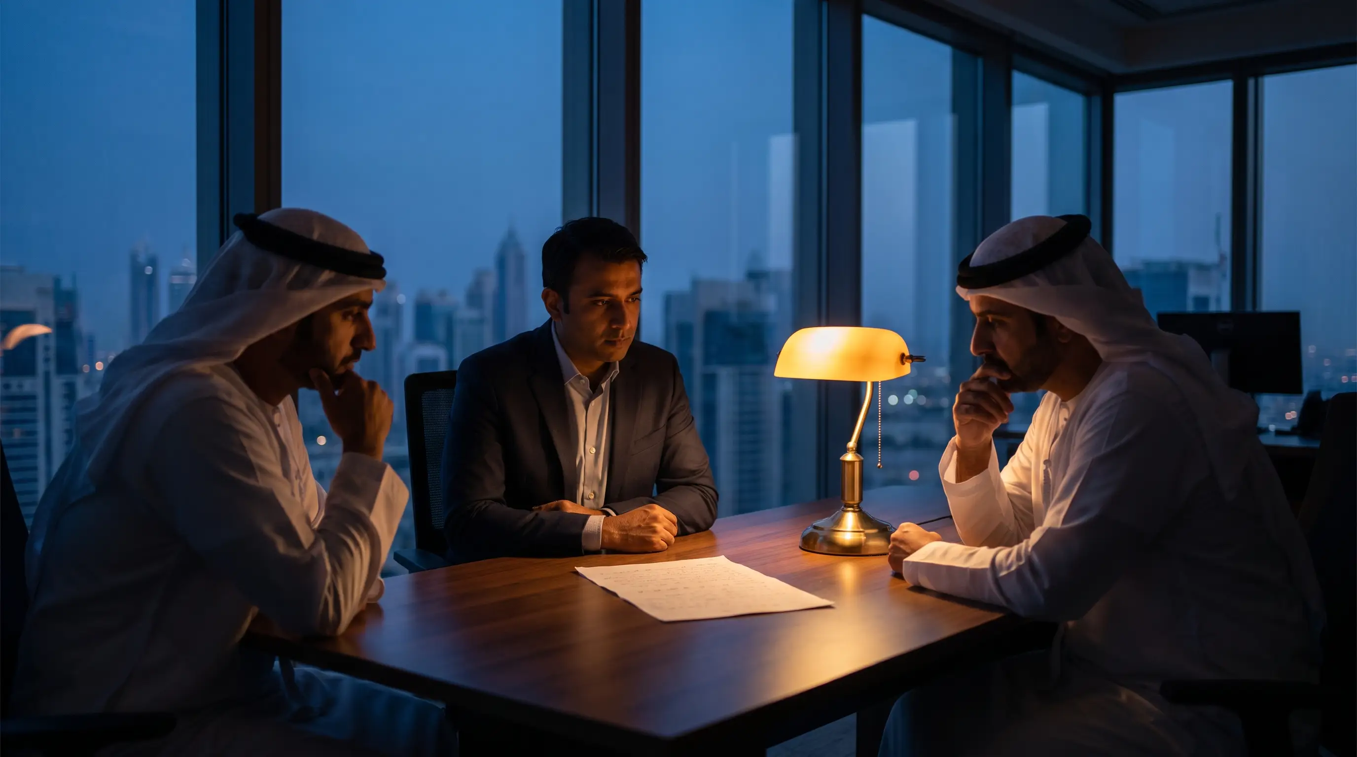 A founder and two executives discussing a single page of questions