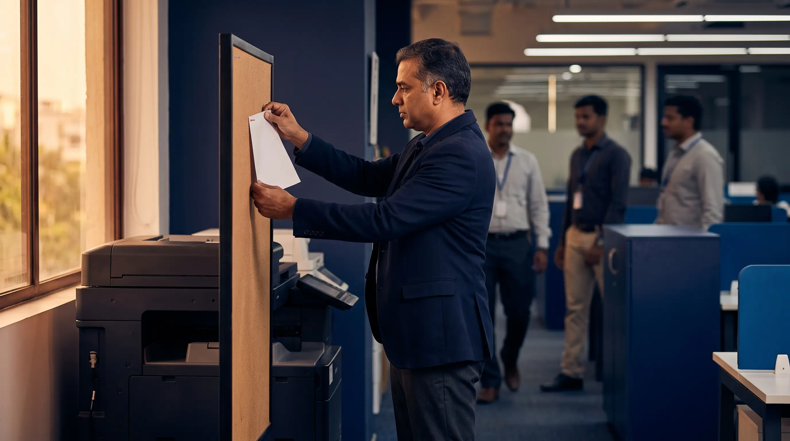 An operations head pinning a one-page policy to a noticeboard