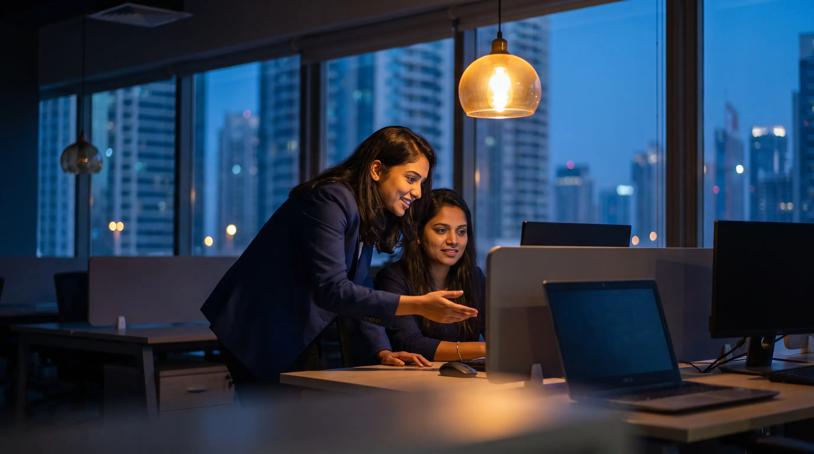 A team champion coaching a colleague at her desk