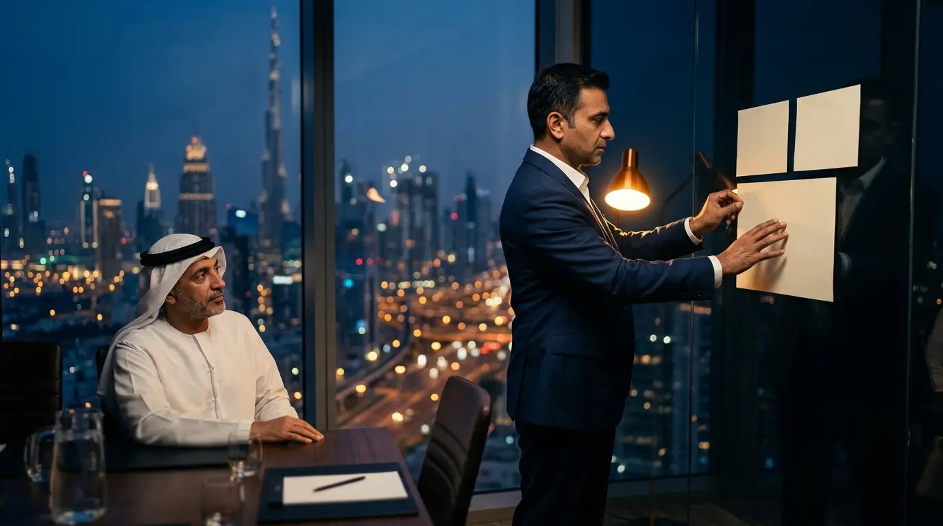 A founder arranging three blank cards on a glass wall as a finance director watches