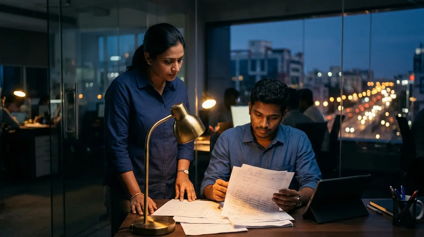 Two operations colleagues reviewing order forms at dusk