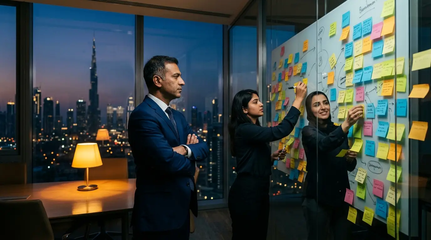 A managing director stepping back from a whiteboard crowded with sticky notes