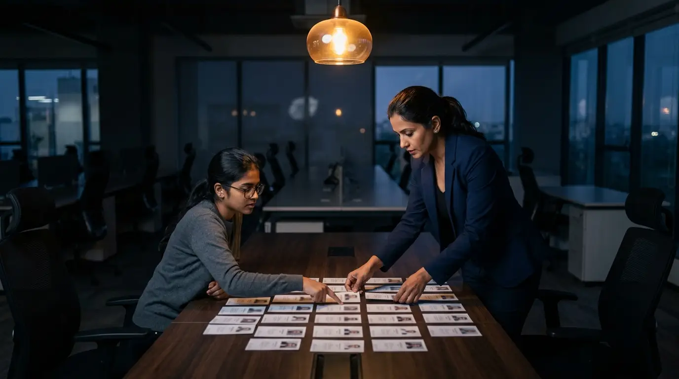 A founder arranging profile cards on a table with a colleague