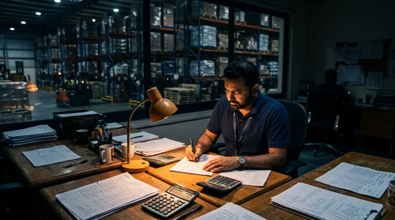 An operations head copying figures by hand between separate order sheets