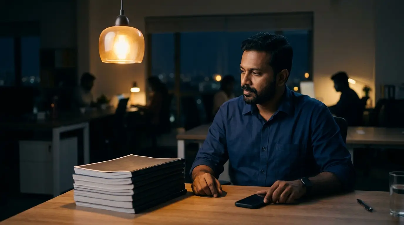A sales head beside a stack of bound proposals late in the evening
