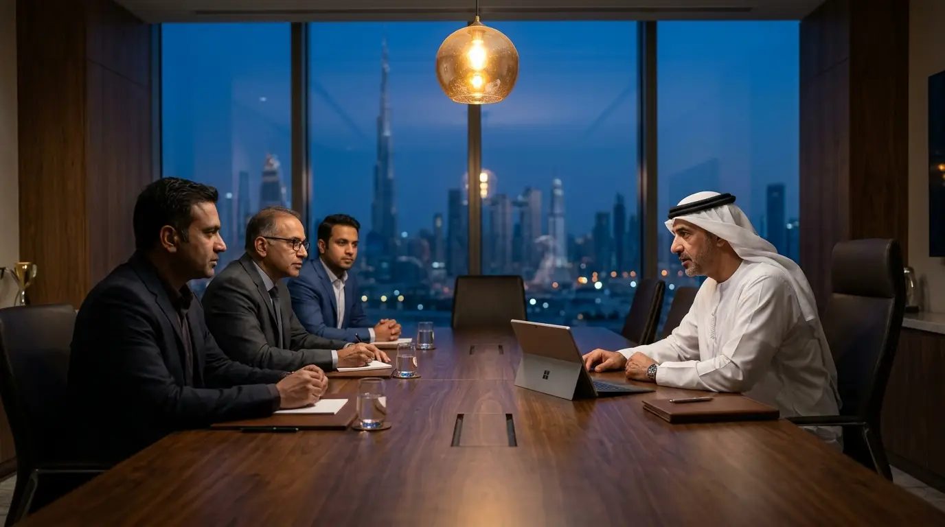A managing director leading a discussion with senior executives in a boardroom