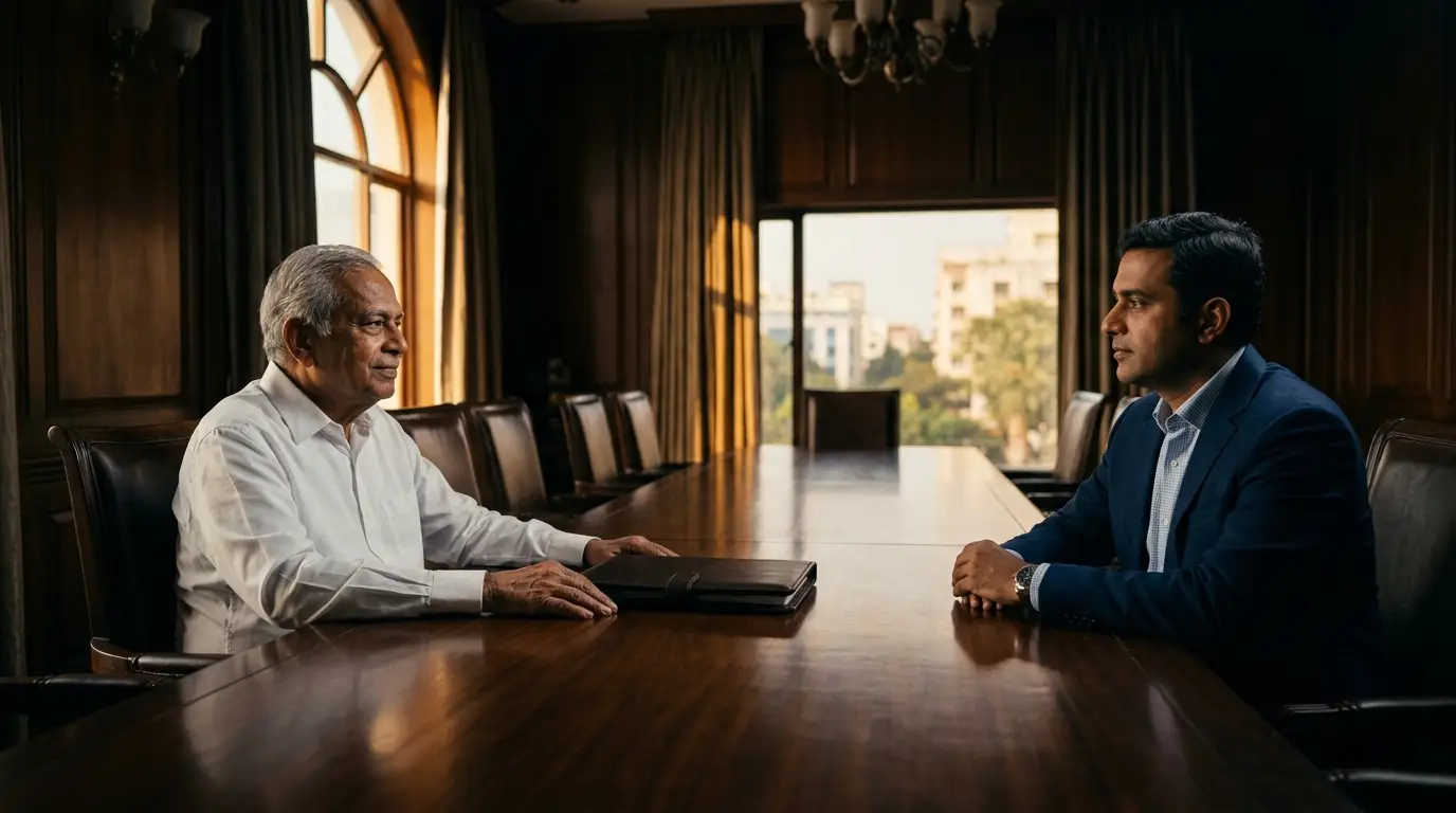 A chairman and his son seated across a boardroom table with a closed folder between them