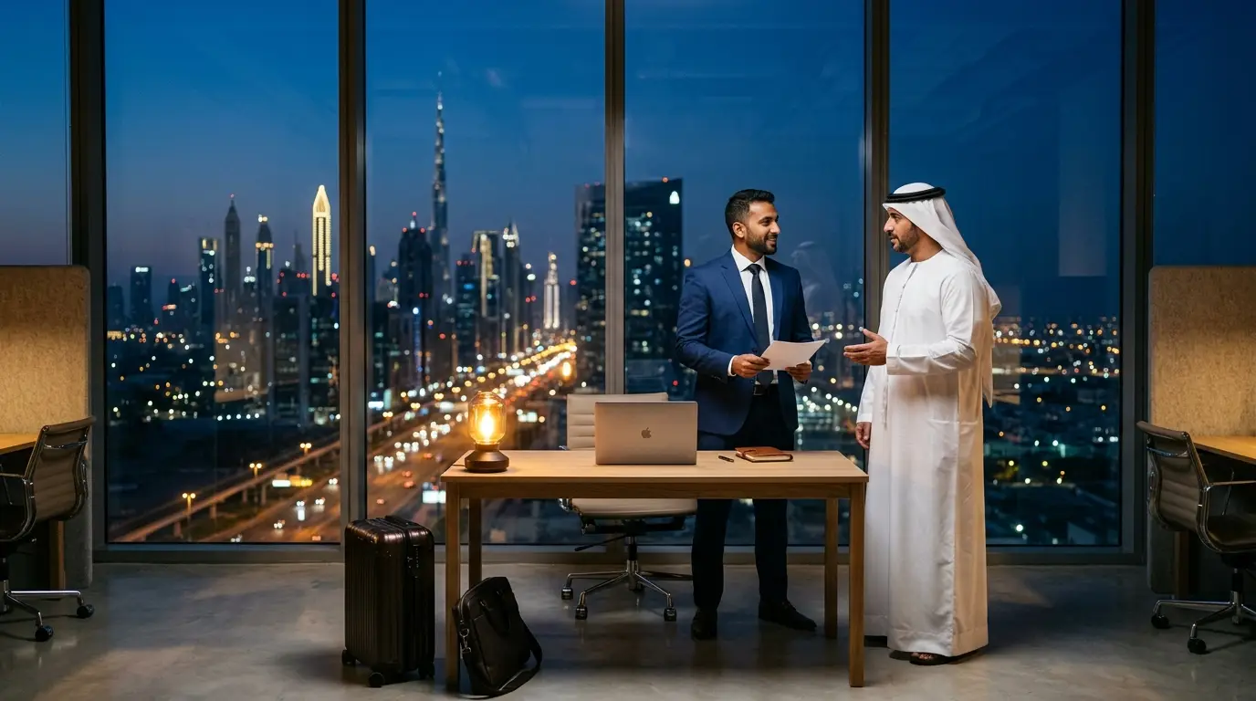 A founder and a business development manager in a temporary Dubai office at blue hour
