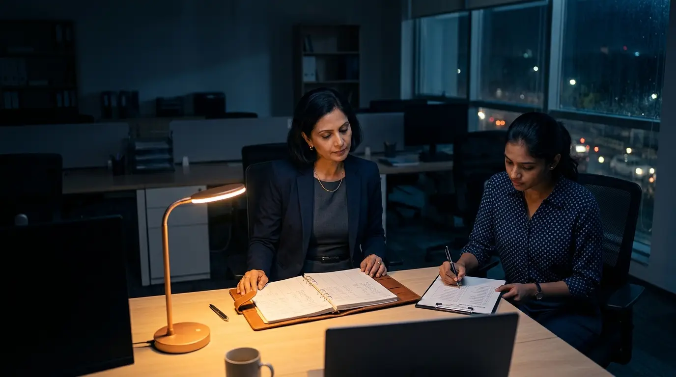 A CFO and analyst reviewing a ledger under a desk lamp at night