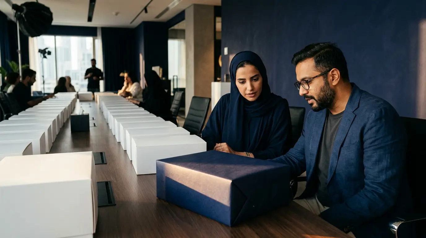 Two people studying one distinctive navy box among rows of plain white ones