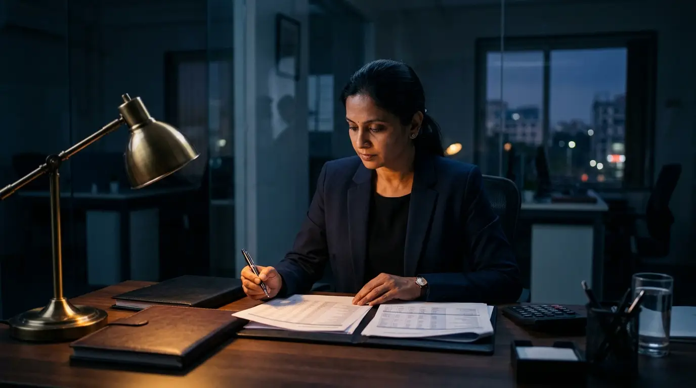A CFO comparing two printed reports at her desk