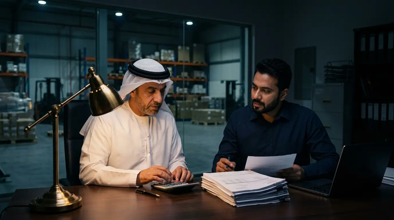 A CFO and accountant reviewing a stack of invoices beside a warehouse