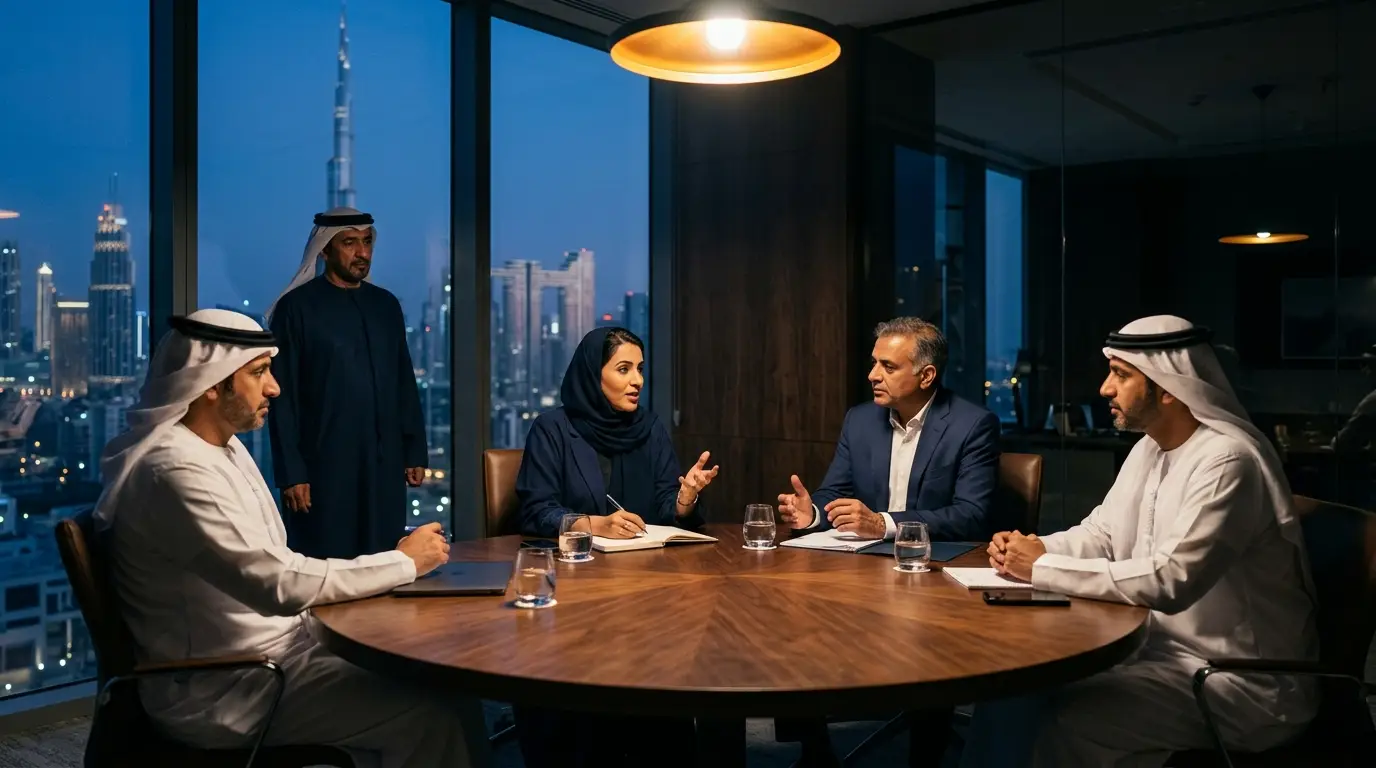 A leadership team in discussion while the founder listens from the window