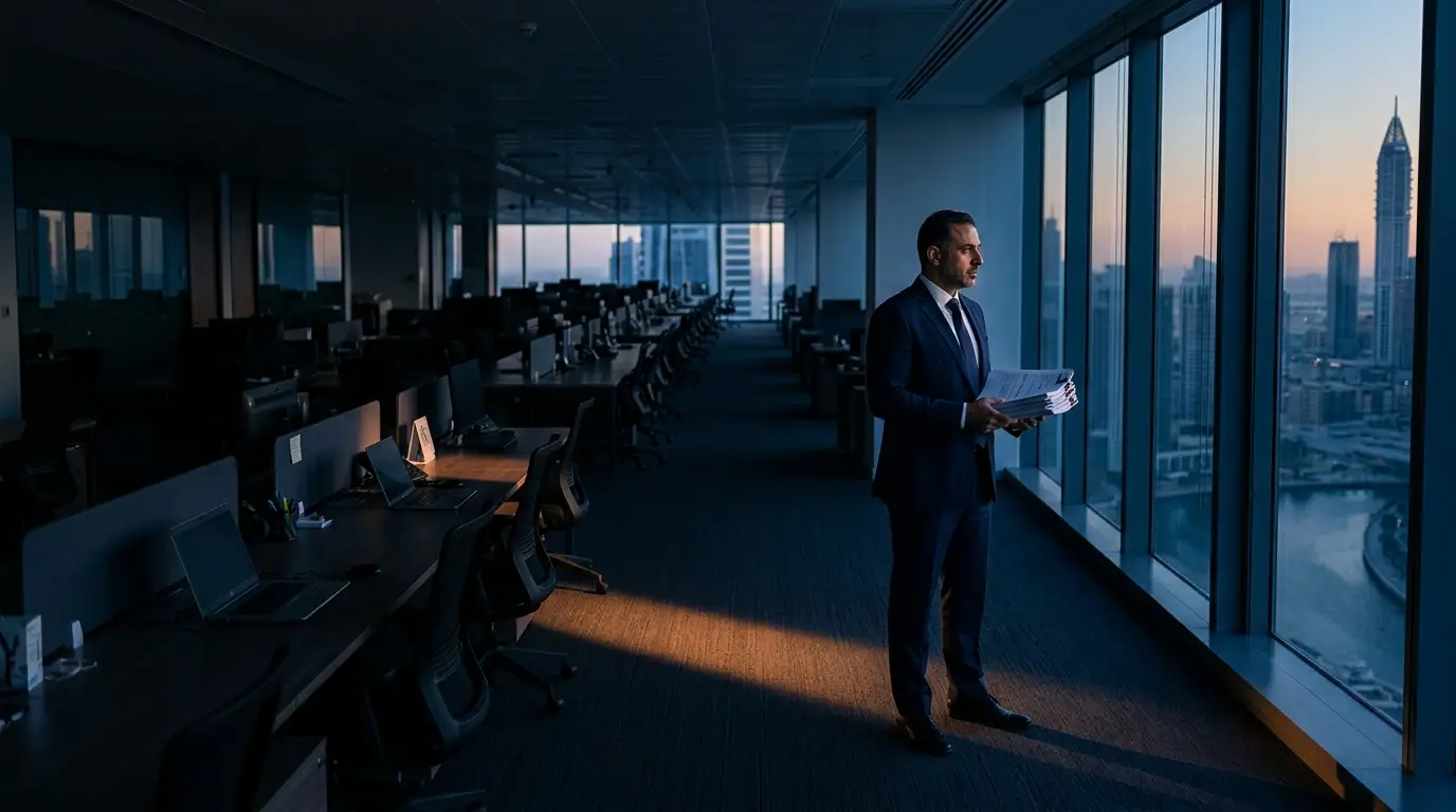 A CFO holding invoices in an empty office of unused desks